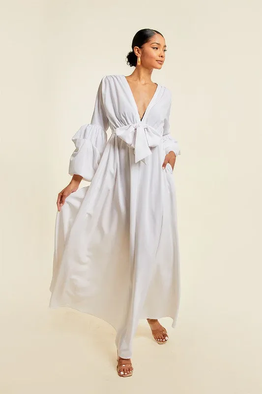 White V Neck Tie Up Maxi Dress