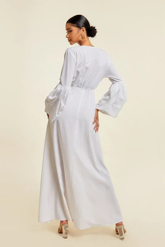 White V Neck Tie Up Maxi Dress