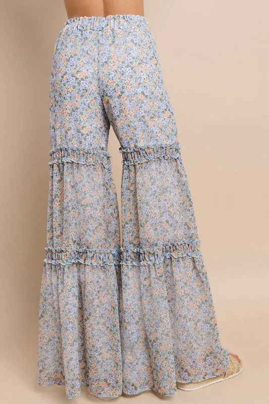 Wisteria Lane Chiffon Floral Print Palazzo Pants - Baby Blue